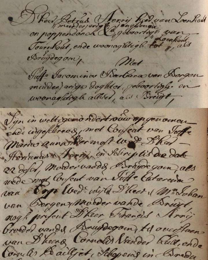 Huwelijk Petrus Herry en Jacomina Barbara van Bergen voor de schepenbank van Breda