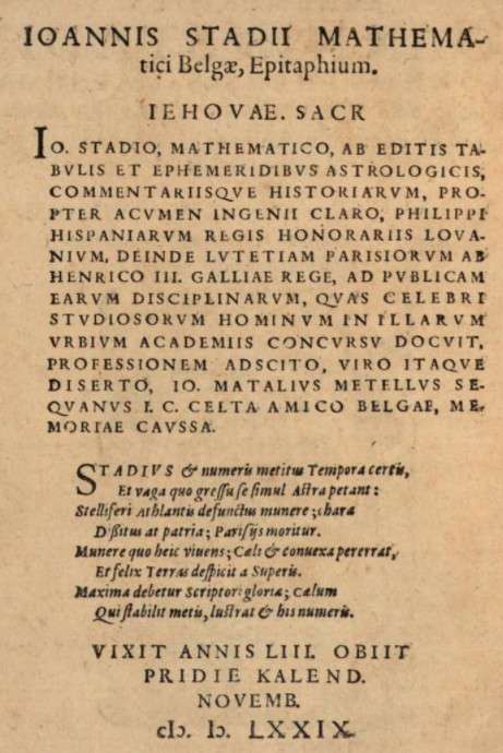Epitaphium Joannes Stadius in de vierde uitgave van Ephemerides, anno 1581
