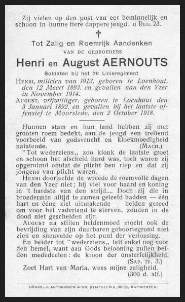 Bidprentje gebroeders Henri (1893-1914) en August (1892-1918) Aernouts