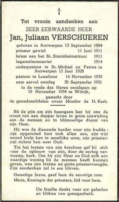 Bidprentje Jan Juliaan Verschueren, 16/11/1954