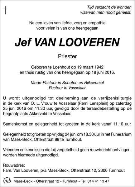 Overlijdensbericht E.H. Jef Van Looveren