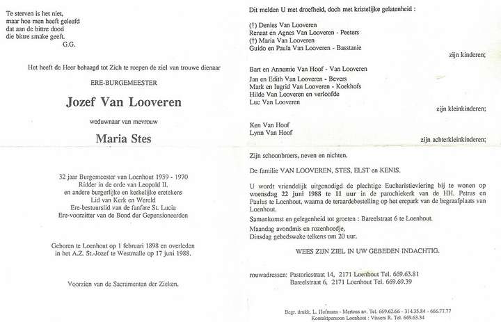 Doodsbrief Jozef Van Looveren, burgemeester 1939-1970