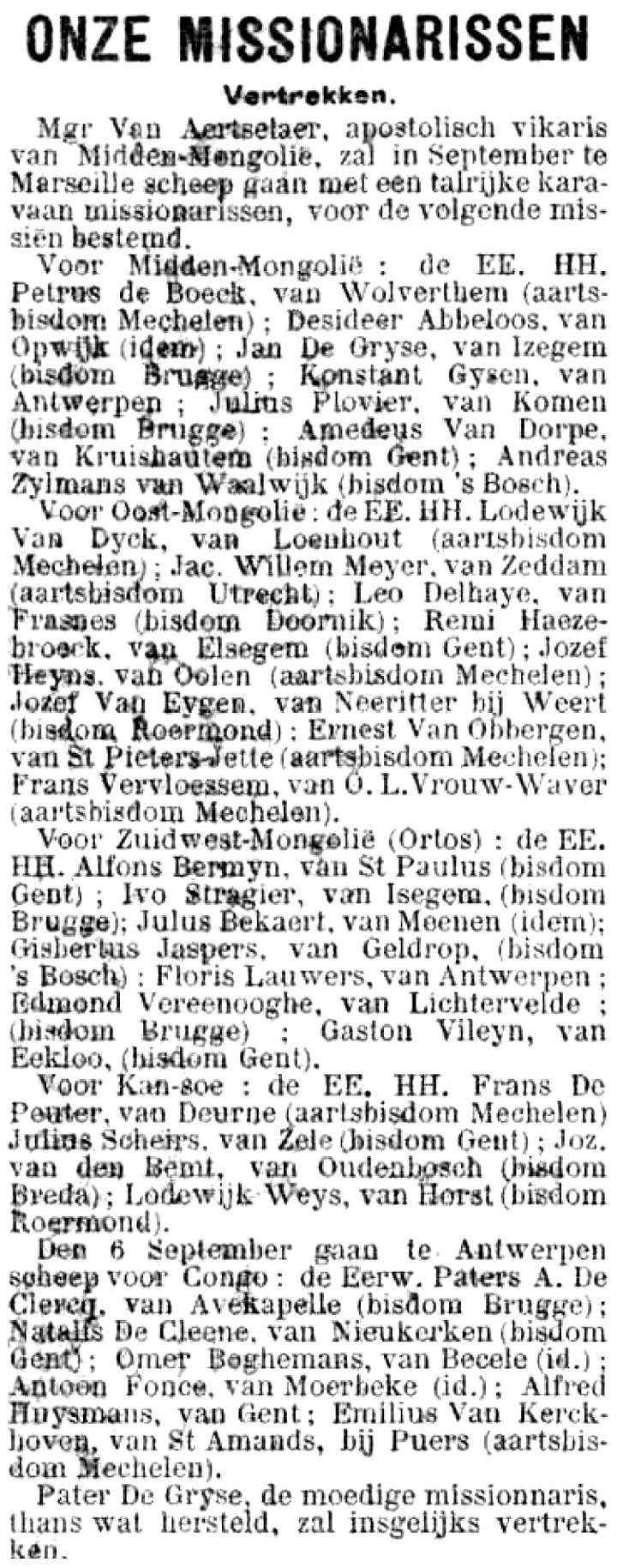 Gazet van Antwerpen (11/8/1898), Onze missionarissen vertrekken, mgr. Van Dyck e.a. schepen in te Marseille