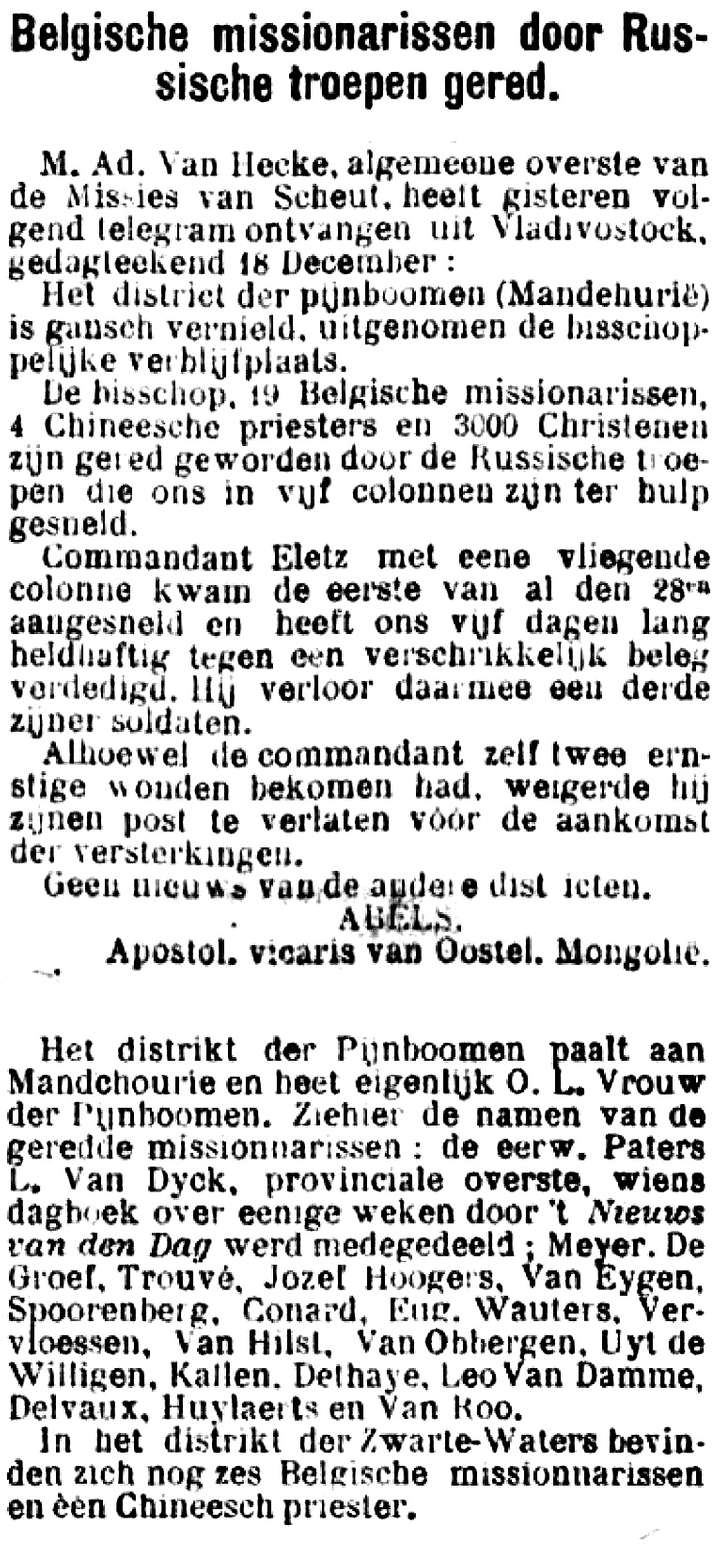 Gazet van Antwerpen (21/12/1900), Belgische missionarissen door Russische troepen gered