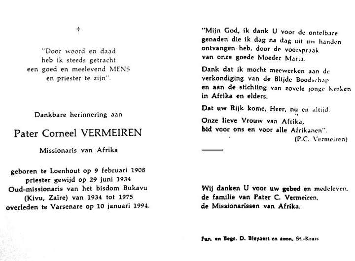 Bidprentje E.P. Corneel Vermeiren (1994)