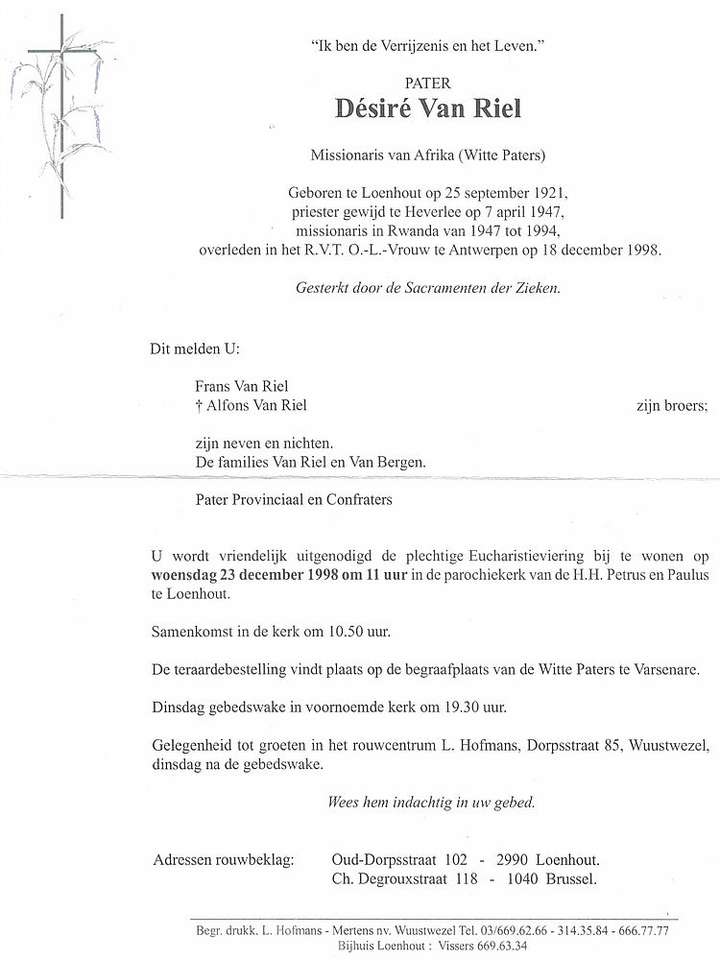 Doodsbrief E.P. Désiré Van Riel (18/12/1998)