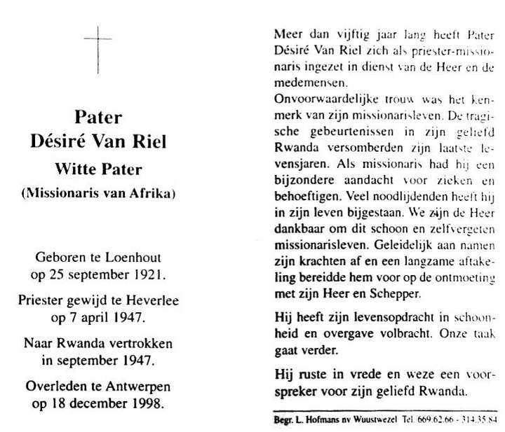 Bidprentje E.P. Désiré Van Riel (18/12/1998)