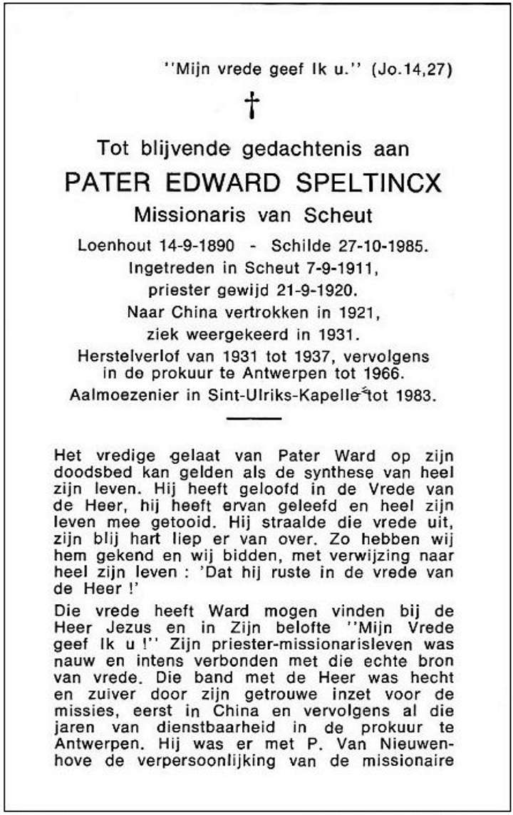 Bidprentje E.P. Edward Speltincx, 1985