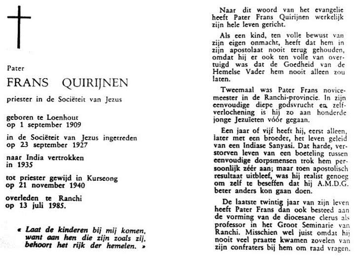 E.P. Frans Quirijnen, bidprentje (1985)