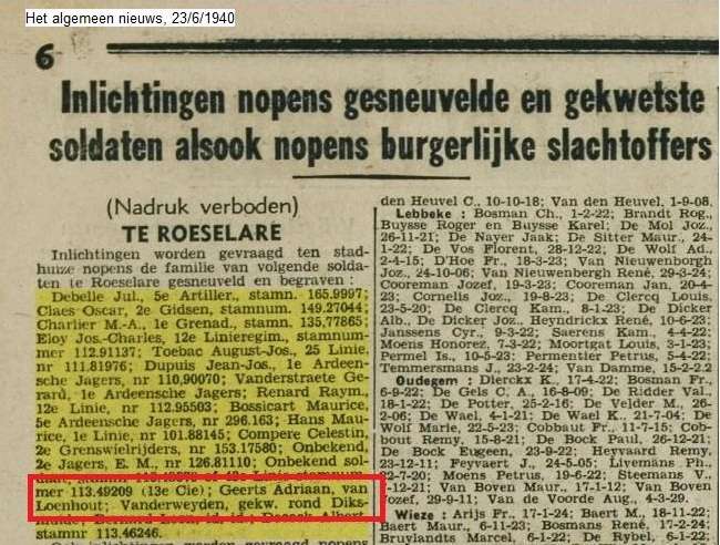 Adriaan Geerts, gesneuveld in Roeselare (Het algemeen nieuws, 23/6/1940)