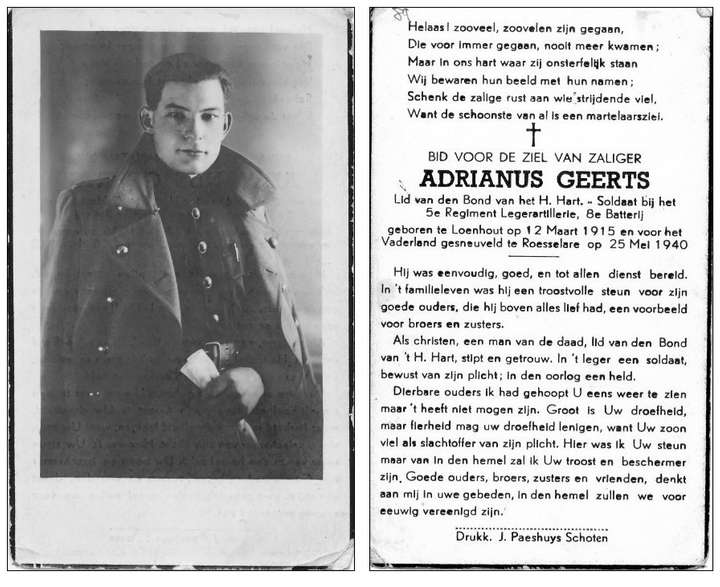 Adriaan Geerts, gesneuveld in Roeselare (Bidprentje)