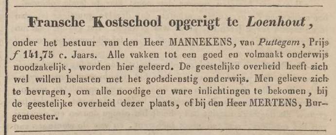 14/8/1842. Het schoolgeld werd opgetrokken van 140 naar 141,75 gulden. Inlichtingen te bekomen bij burgemeester Jan Frans Mertens.