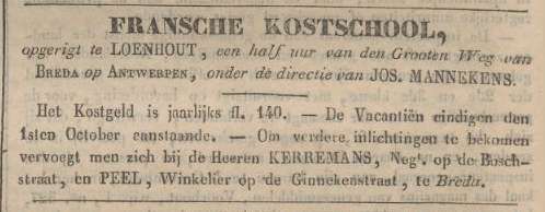 27/9/1840. Het schooljaar ving aan op 1 oktober. Inlichtingen te bekomen bij dhr. Kerremans op de Boschstraat en Peel, winkelier op de Ginnekensstraat te Breda.
