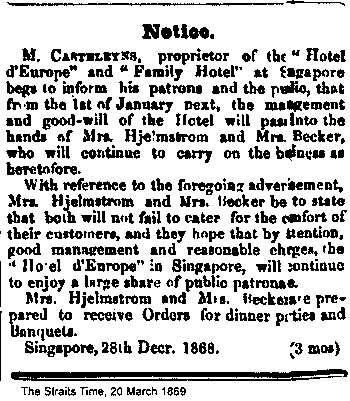 Aankondiging van de verkoop van het hotel, The Straits Times, 20 maart 1869.