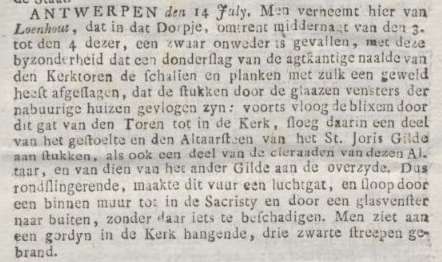 Stormschade in 1788, o.m. aan dak, St. Jorisaltaar, gestoelte en sieraden (De Surinaamsche Nieuwsvertelder 16-10-1788)