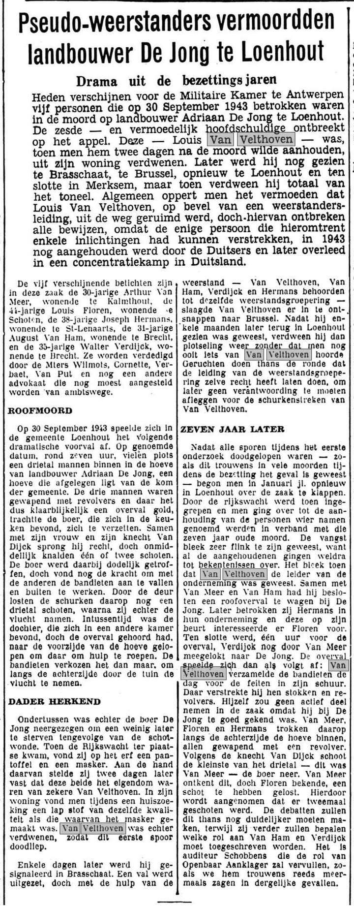 Pseudo-weerstanders vermoordden landbouwer De Jong te Loenhout (Het Handelsblad, 15/6/1950)